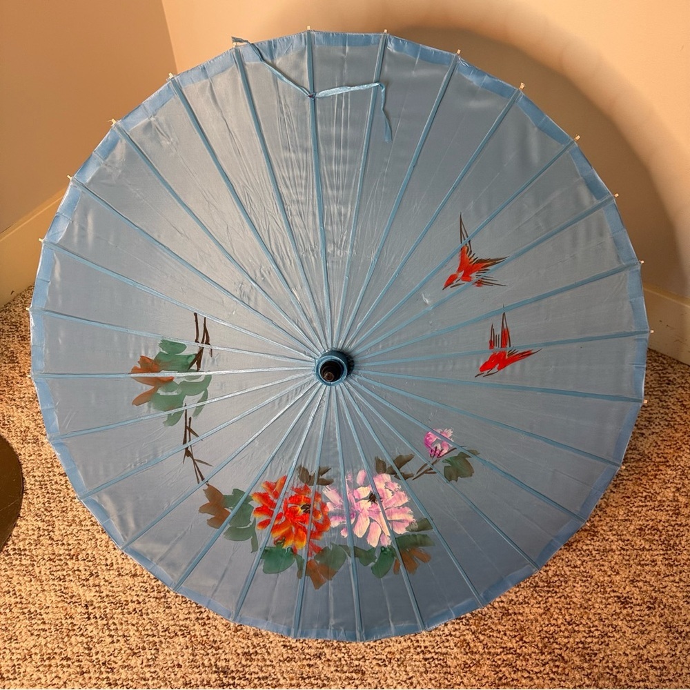 Asian Japanese Parasol Umbrella Nylon Bamboo Blue Blossoms Birds Sun Shade - Picture 9 of 13